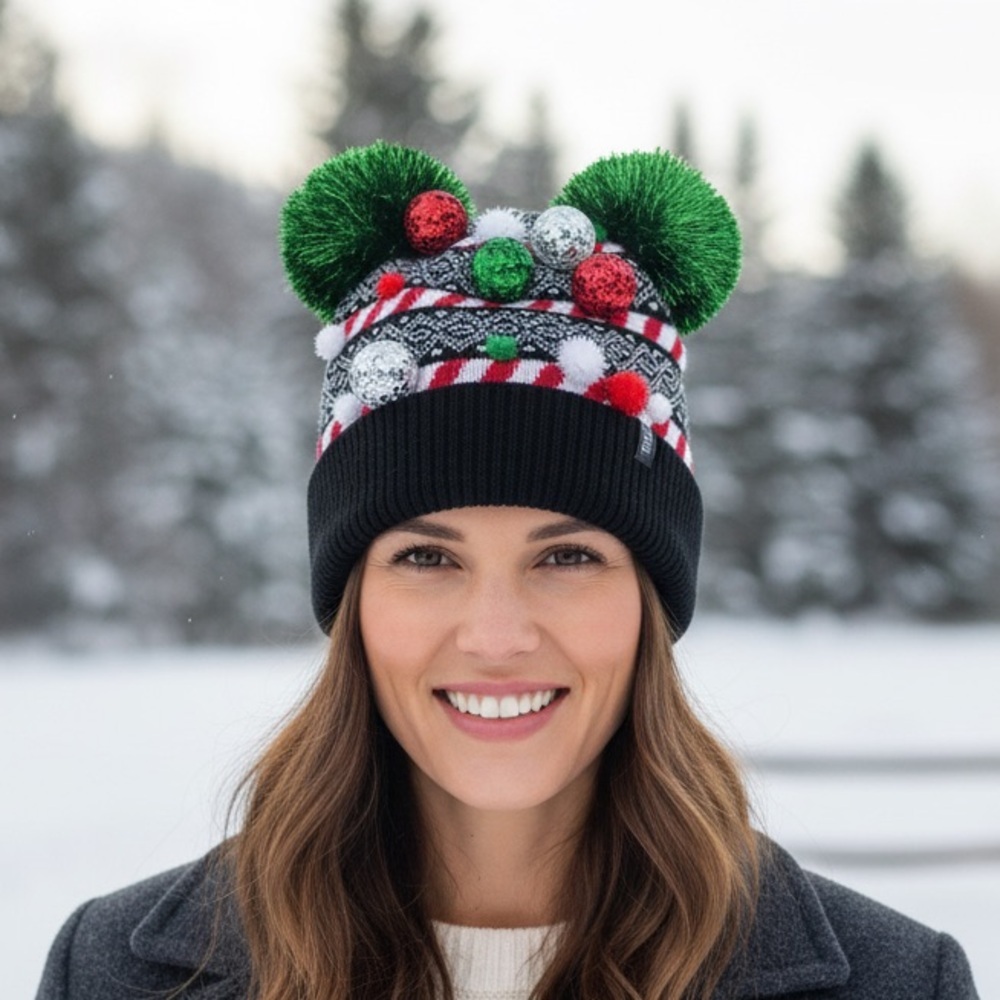 D&Y Unisex Festive Pom-Pom Beanie in Black, Red, and Green